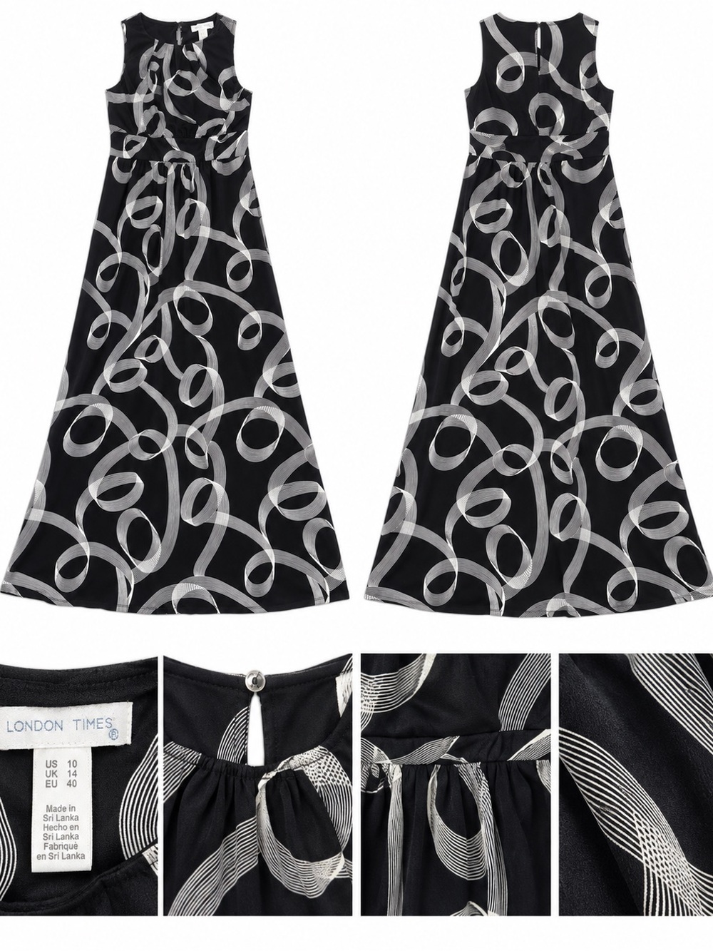 London Times Black White Abstract Swirl Maxi Dress Size 10